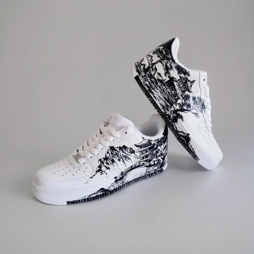 Custom White Sneakers Japan Art ?C Hand Painted, Unique Sneakers, Monochrome Mountain Wave Shoes, Unique Streetwear Gift for Him