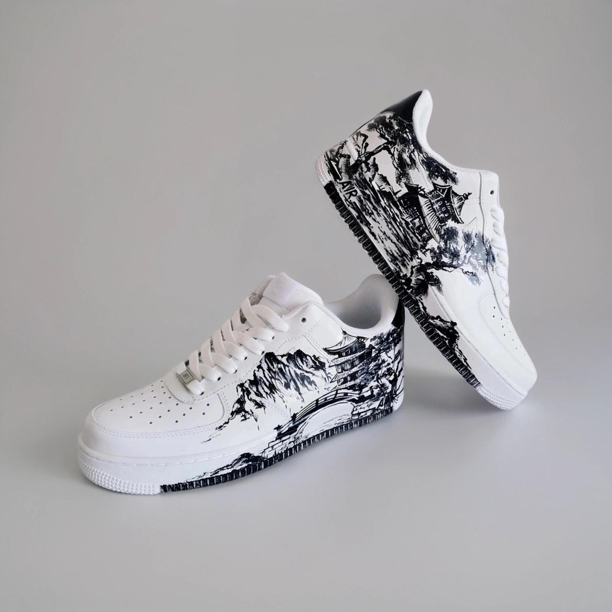 Custom White Sneakers Japan Art ?C Hand Painted, Unique Sneakers, Monochrome Mountain Wave Shoes, Unique Streetwear Gift for Him