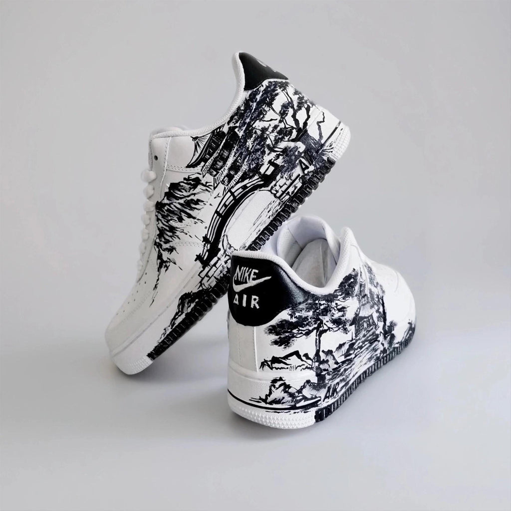 Custom White Sneakers Japan Art ?C Hand Painted, Unique Sneakers, Monochrome Mountain Wave Shoes, Unique Streetwear Gift for Him