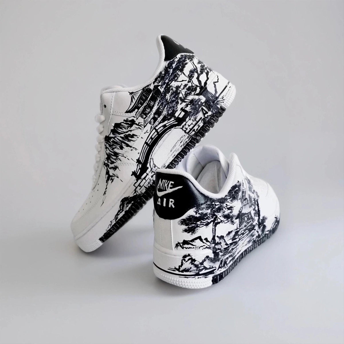 Custom White Sneakers Japan Art ?C Hand Painted, Unique Sneakers, Monochrome Mountain Wave Shoes, Unique Streetwear Gift for Him