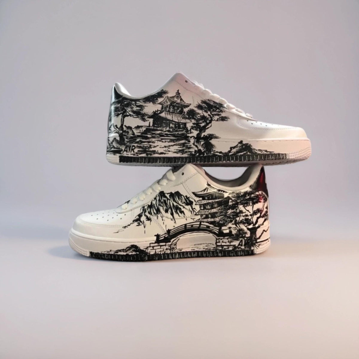 Custom White Sneakers Japan Art ?C Hand Painted, Unique Sneakers, Monochrome Mountain Wave Shoes, Unique Streetwear Gift for Him