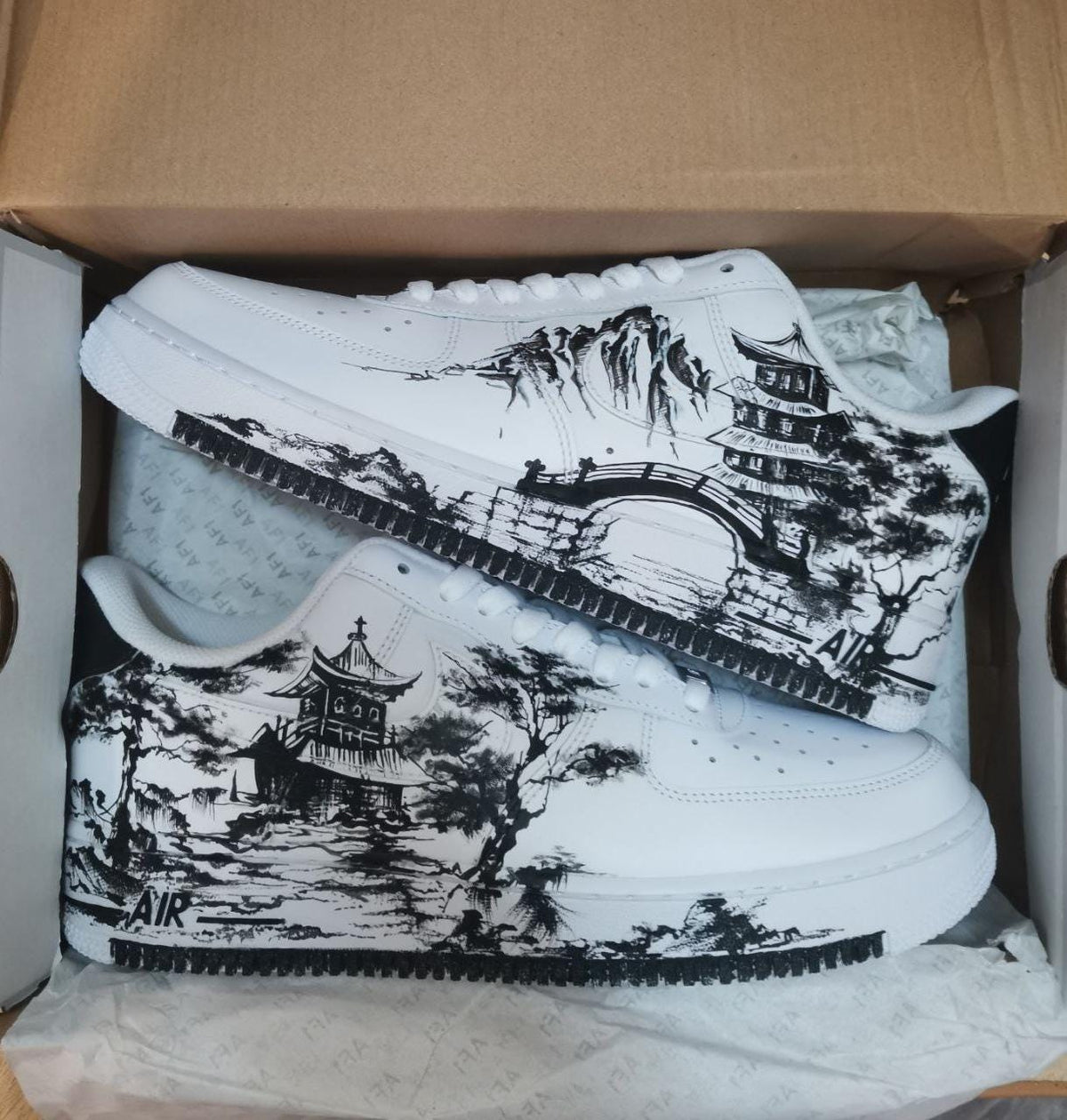 Custom White Sneakers Japan Art ?C Hand Painted, Unique Sneakers, Monochrome Mountain Wave Shoes, Unique Streetwear Gift for Him