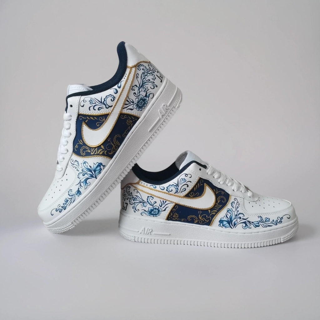 Custom-made white Gzhel- style sneakers, hand-painted with blue floral filigree and gold, a one-of-a-kind gift for AF1 sneakers