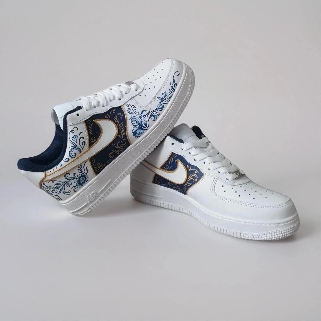 Custom-made white Gzhel- style sneakers, hand-painted with blue floral filigree and gold, a one-of-a-kind gift for AF1 sneakers