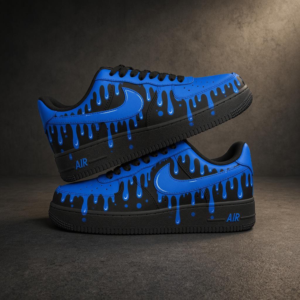 Custom Air Force 1 Blue Drip Sneakers, Hand-Painted AF1 Streetwear Cyberpunk Gift for Him