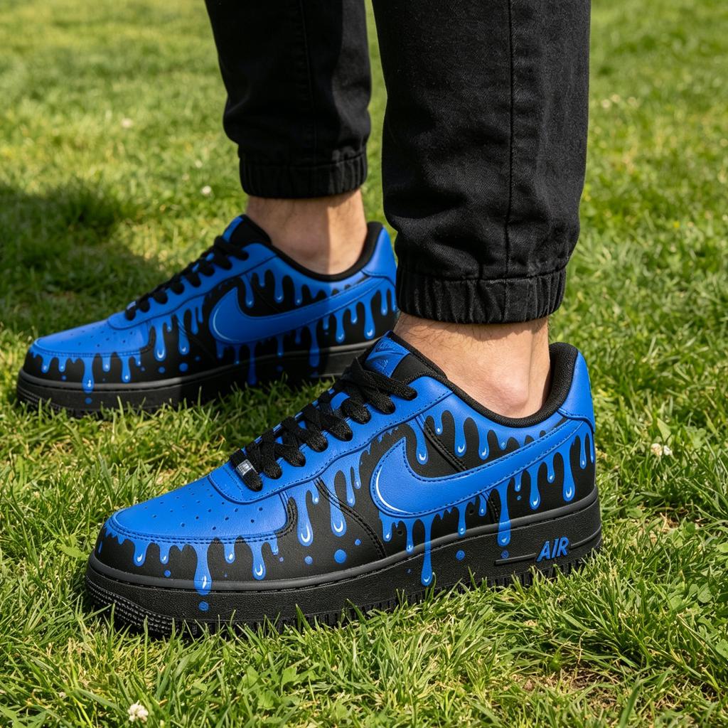 Custom Air Force 1 Blue Drip Sneakers, Hand-Painted AF1 Streetwear Cyberpunk Gift for Him