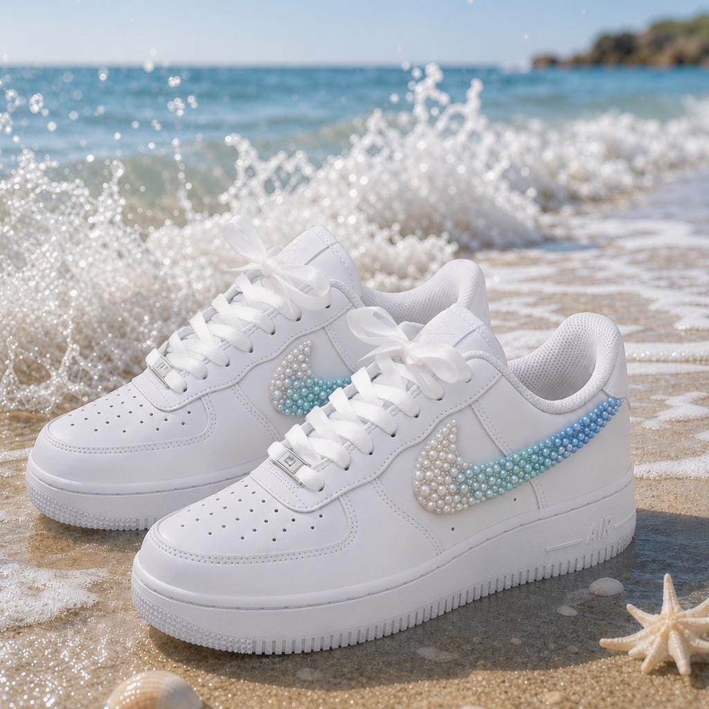 Custom Air Force 1 Pearl, Mermaid Beach Sneakers, White Blue AF1, Gift for her