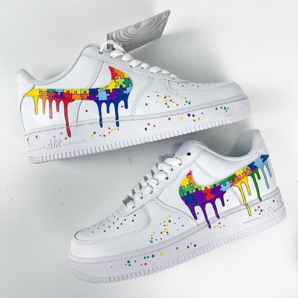 Custom Air Force 1 Rainbow Drip Sneakers, Puzzle AF1 Shoes, Hand Painted Colorful Streetwear Sneakers