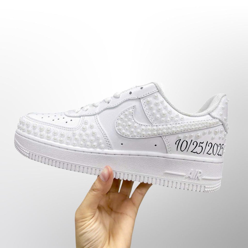 Personalized Pearl Wedding AF1 Sneakers, Custom Bride Air Force 1 Shoes, Mrs Name Date Bridal Shoes, White Pearl Wedding Sneakers