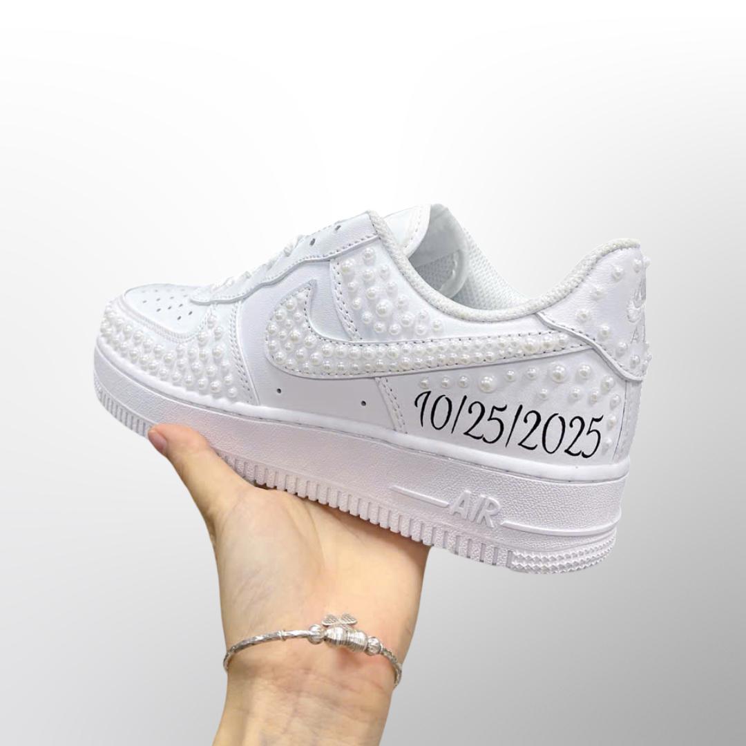 Personalized Pearl Wedding AF1 Sneakers, Custom Bride Air Force 1 Shoes, Mrs Name Date Bridal Shoes, White Pearl Wedding Sneakers
