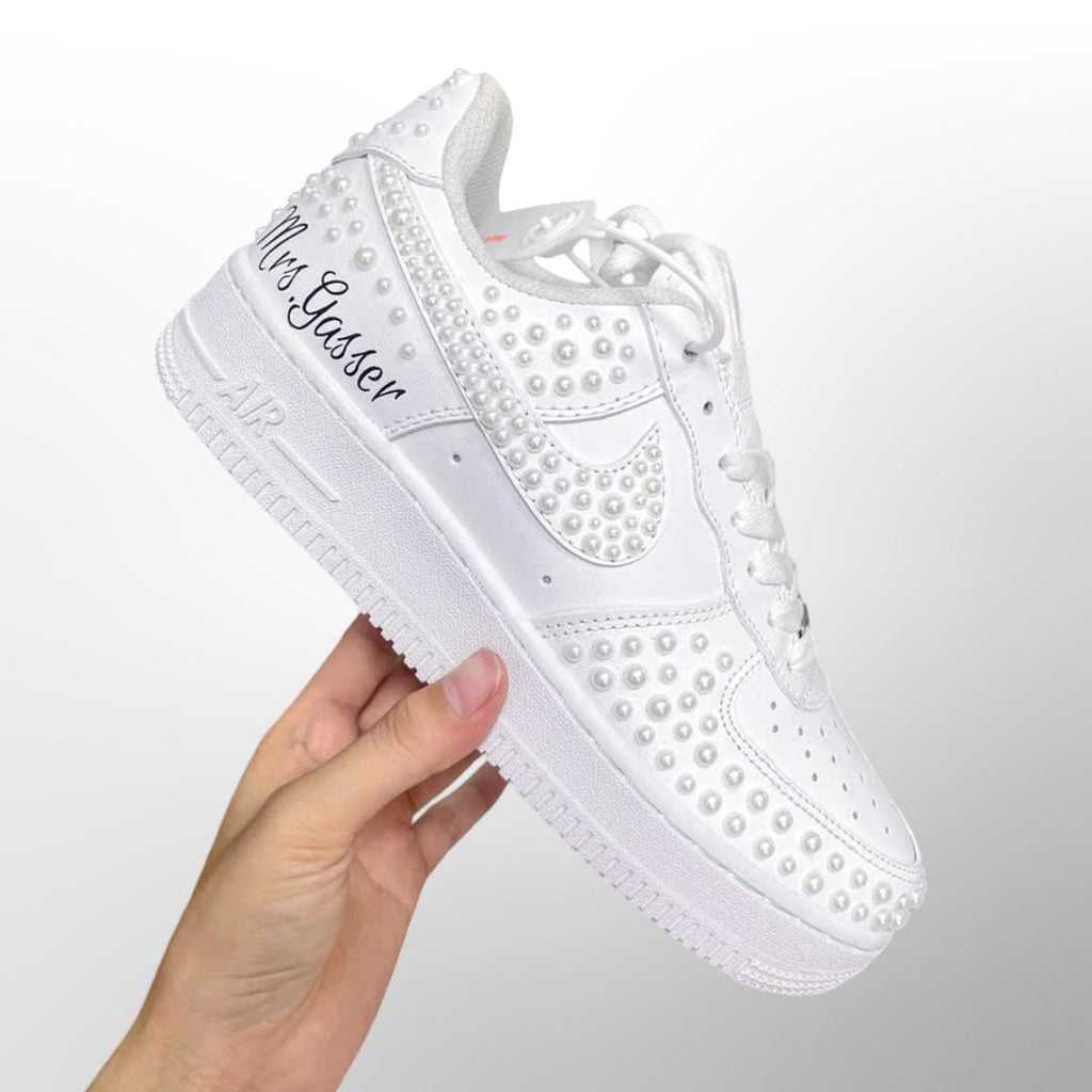 Personalized Pearl Wedding AF1 Sneakers, Custom Bride Air Force 1 Shoes, Mrs Name Date Bridal Shoes, White Pearl Wedding Sneakers