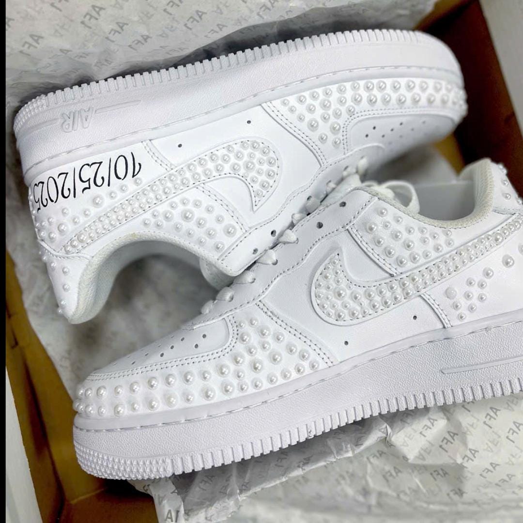 Personalized Pearl Wedding AF1 Sneakers, Custom Bride Air Force 1 Shoes, Mrs Name Date Bridal Shoes, White Pearl Wedding Sneakers