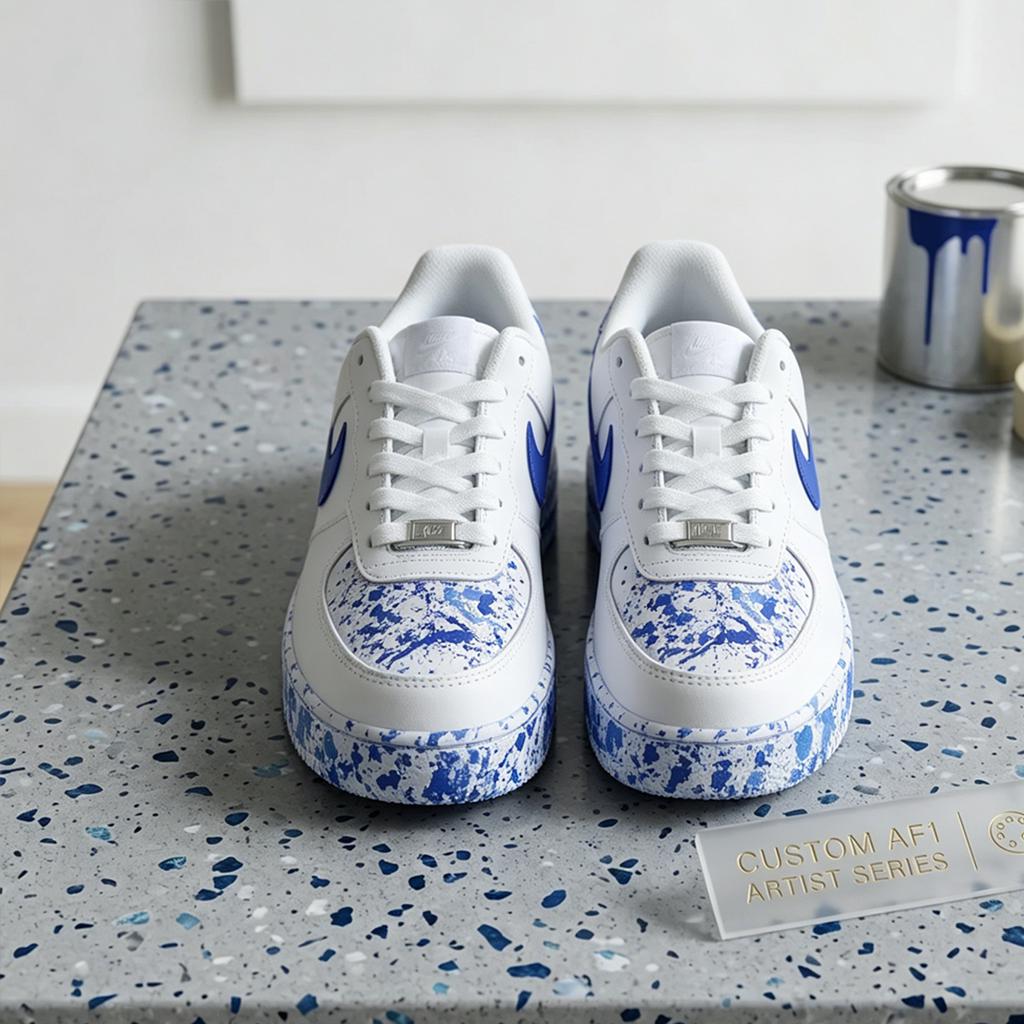 Custom Air Force 1 Blue Ink Splatter Sneakers, Hand Painted Shoes