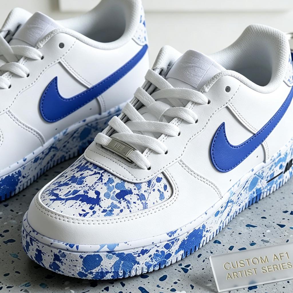 Custom Air Force 1 Blue Ink Splatter Sneakers, Hand Painted Shoes