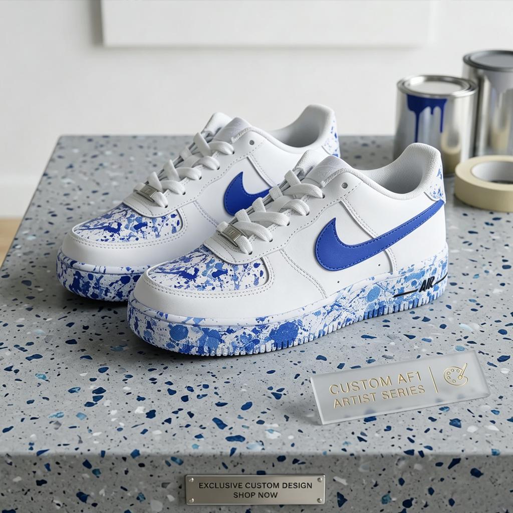 Custom Air Force 1 Blue Ink Splatter Sneakers, Hand Painted Shoes