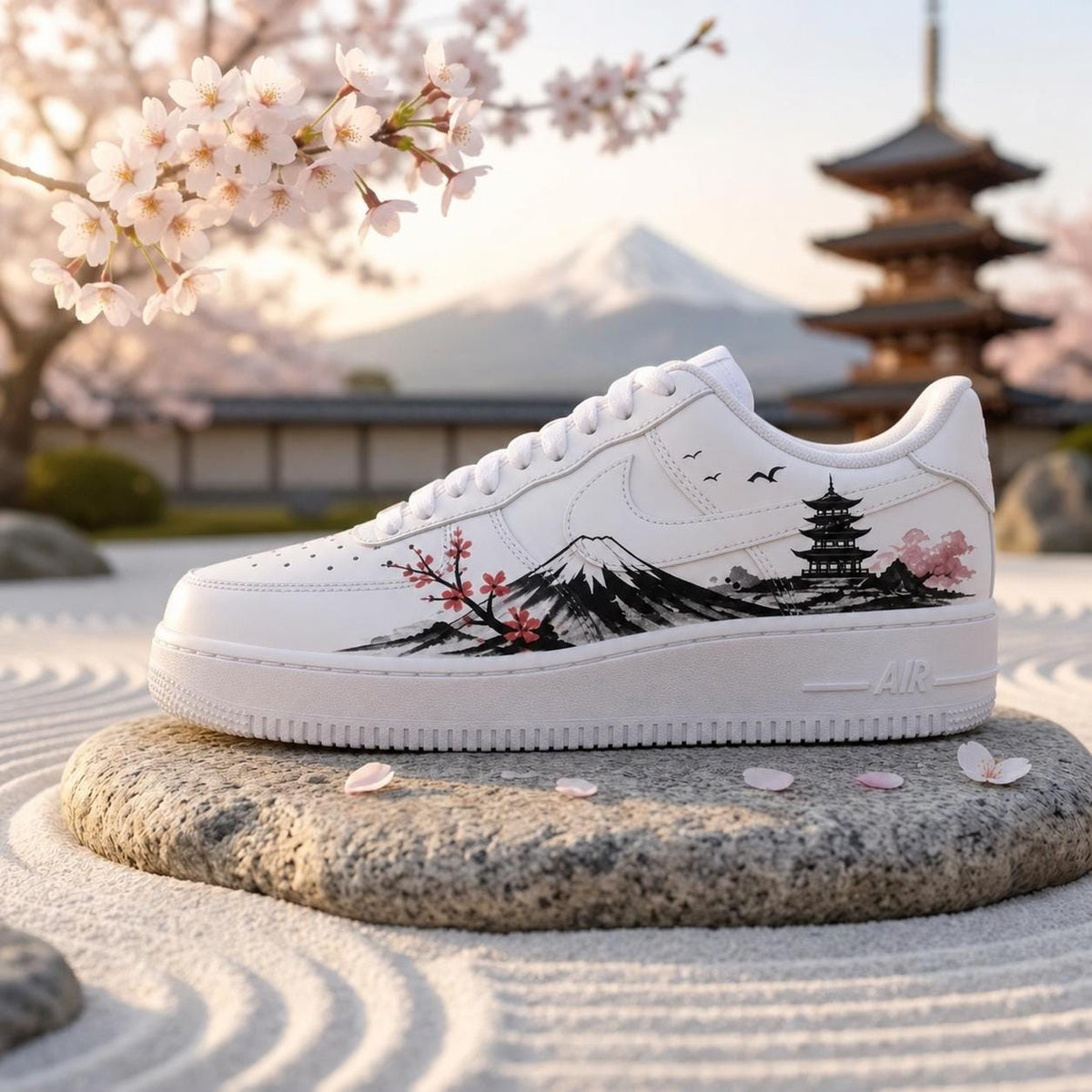 Custom Air Force 1, Hand Painted Mount Fuji Shoes, Cherry Blossom AF1,Ink Painting Shoes, Oriental Air Force One,A Unique Gift