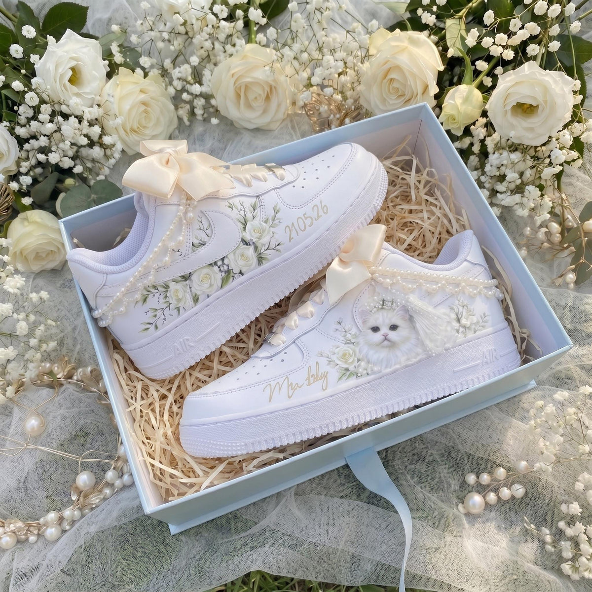 Custom Bridal Wedding Sneakers , Pet of Honor & Floral for Bride Shoes, Personalized Name Wedding Date