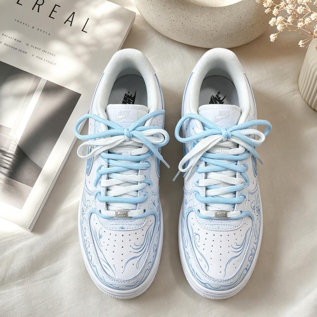 Custom Air Force 1 Blue,Hand Painted Ocean Wave Floral Sneakers, Blue Great Wave Shoes, Gift for her