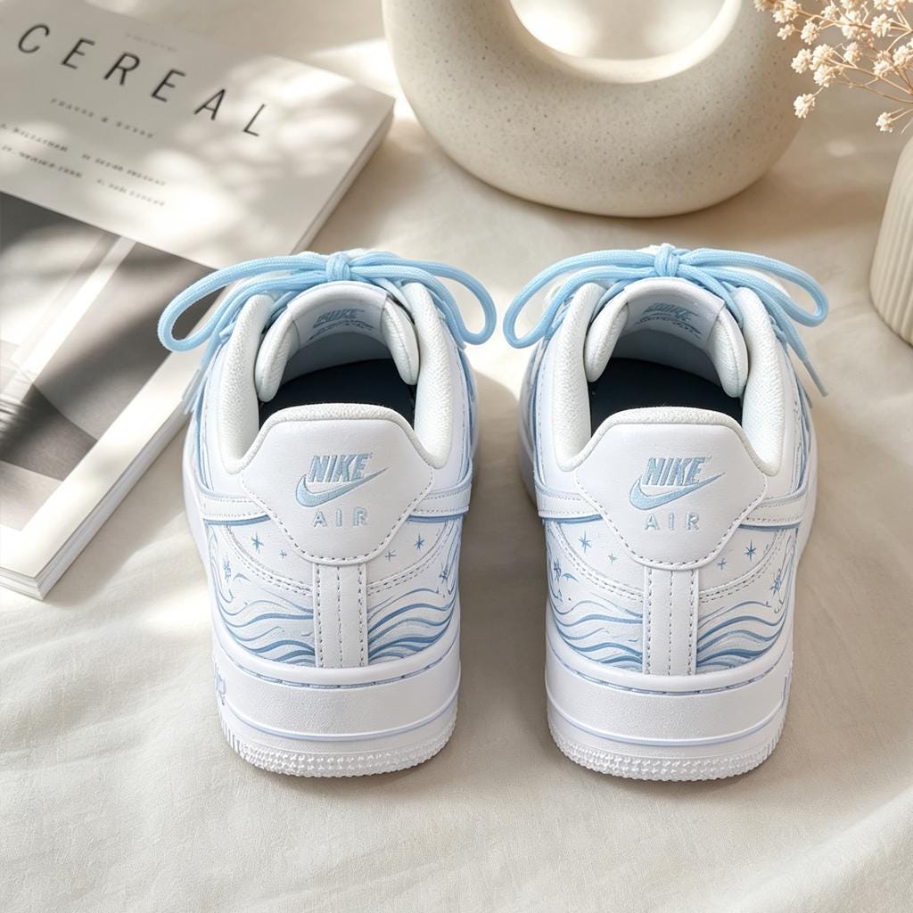 Custom Air Force 1 Blue,Hand Painted Ocean Wave Floral Sneakers, Blue Great Wave Shoes, Gift for her