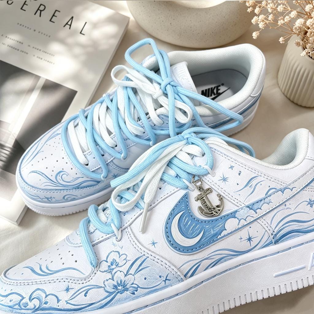 Custom Air Force 1 Blue,Hand Painted Ocean Wave Floral Sneakers, Blue Great Wave Shoes, Gift for her