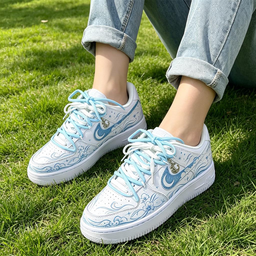 Custom Air Force 1 Blue,Hand Painted Ocean Wave Floral Sneakers, Blue Great Wave Shoes, Gift for her