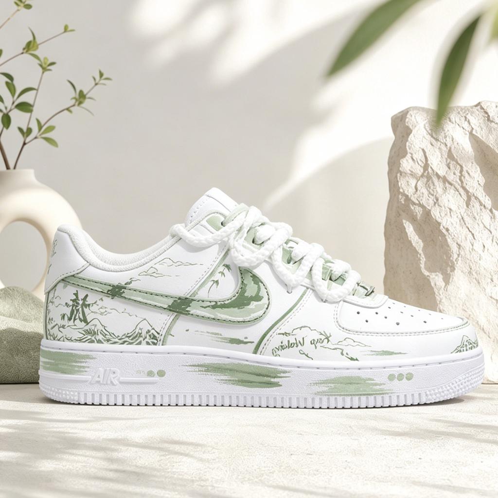 Custom Air Force 1 Green,Zen Landscape Art Rope Lace Footwear, Nature Wanderer Graphic White Sneakers, Gift for her