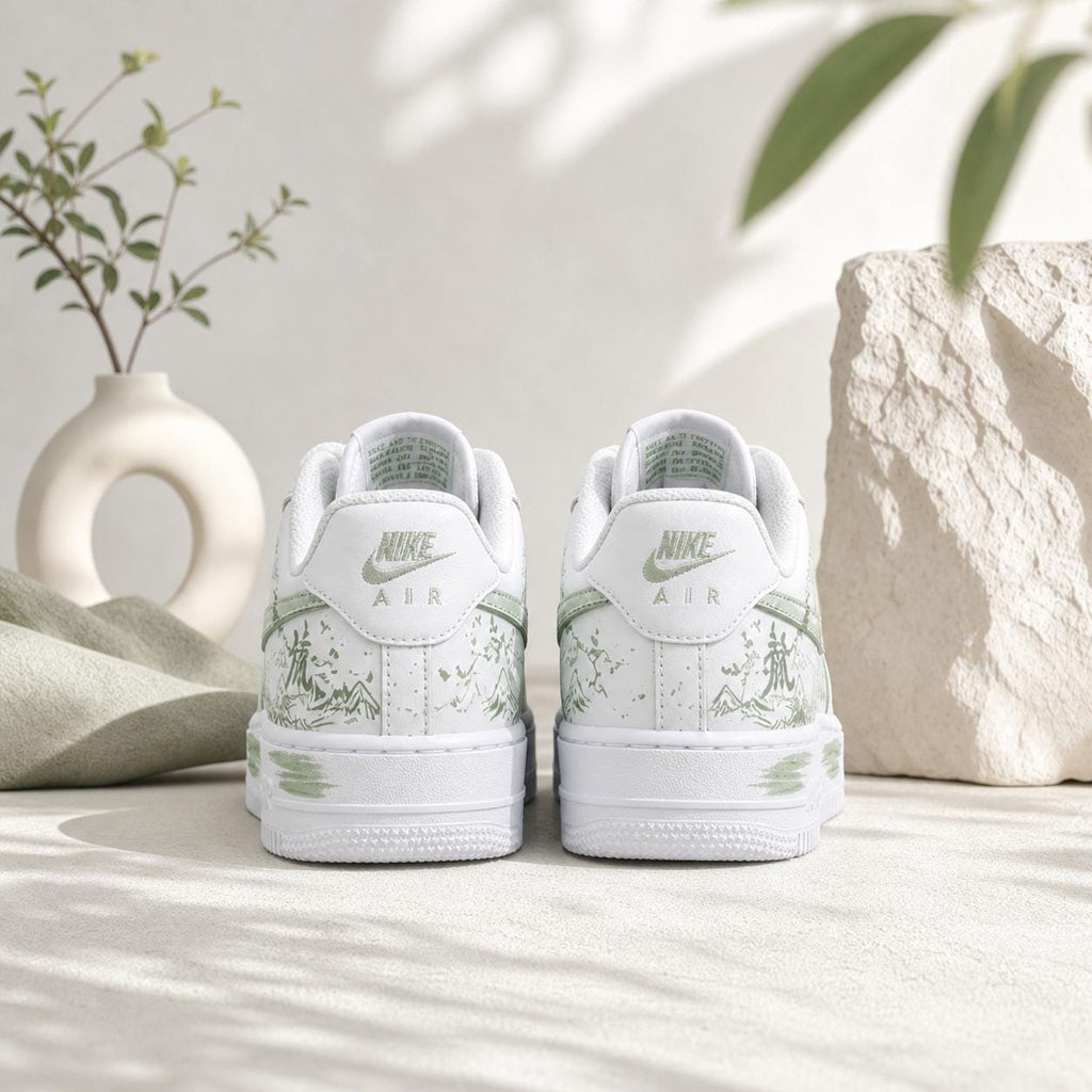 Custom Air Force 1 Green,Zen Landscape Art Rope Lace Footwear, Nature Wanderer Graphic White Sneakers, Gift for her