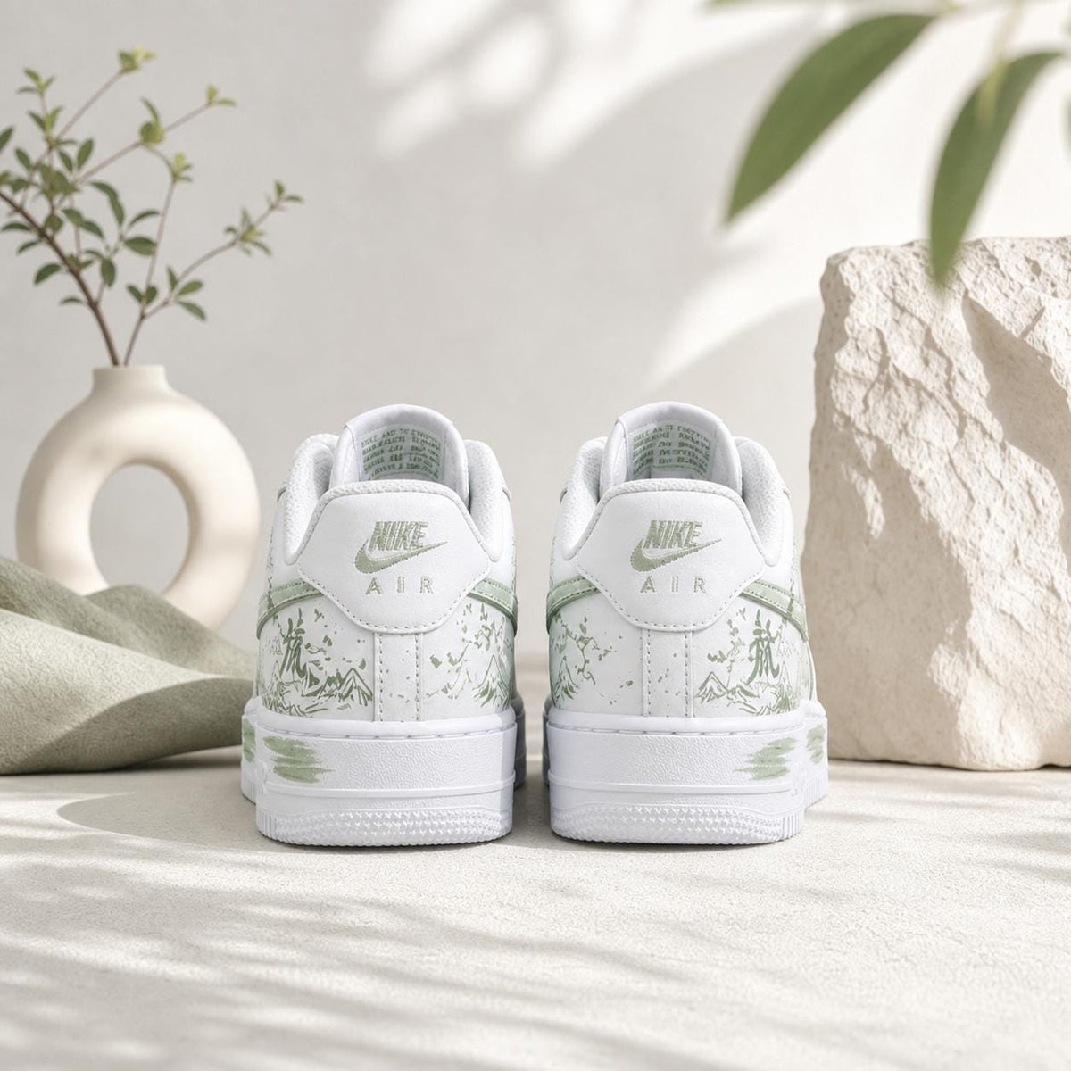 Custom Air Force 1 Green,Zen Landscape Art Rope Lace Footwear, Nature Wanderer Graphic White Sneakers, Gift for her