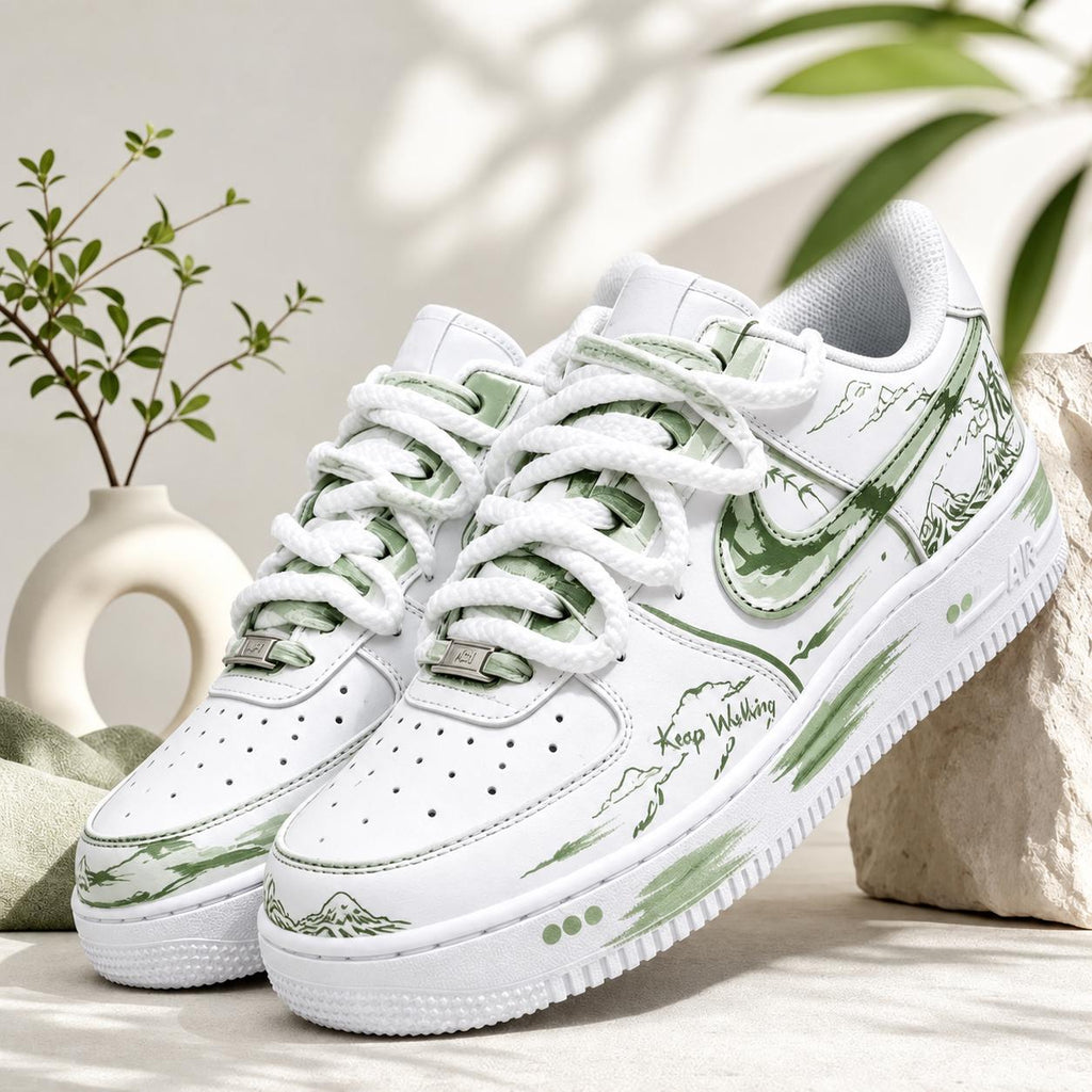 Custom Air Force 1 Green,Zen Landscape Art Rope Lace Footwear, Nature Wanderer Graphic White Sneakers, Gift for her