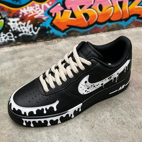 Black&White Splash Sneakers with Rope Laces,Stacked Liquid Drip AF1 with Rope Laces,Graduation Gift for Him