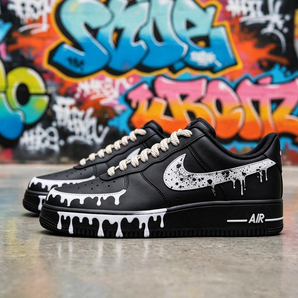 Black&White Splash Sneakers with Rope Laces,Stacked Liquid Drip AF1 with Rope Laces,Graduation Gift for Him