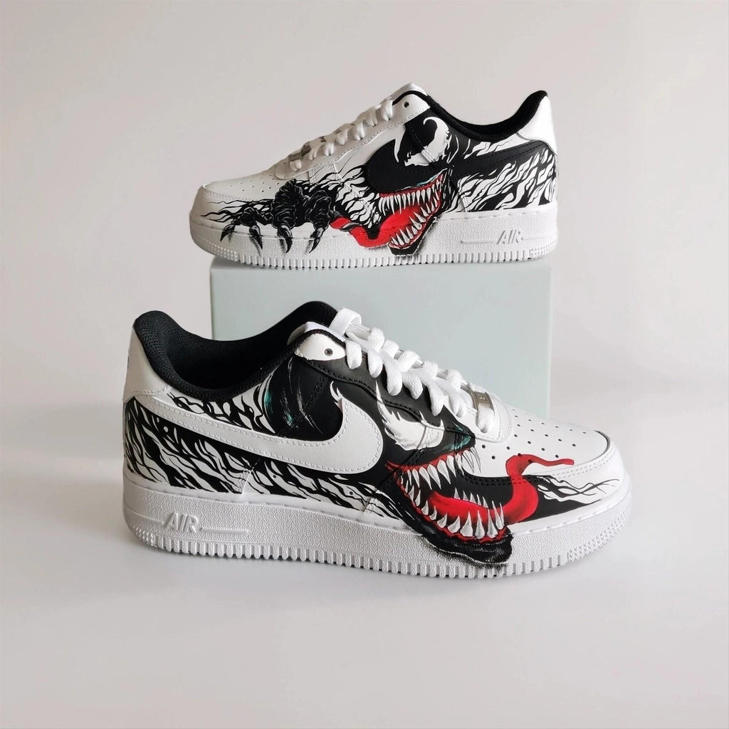 Hand Painted Custom White AF1 with Black Tendrils and White Spider Logo, Symbiote Streetwear Shoes for Fans