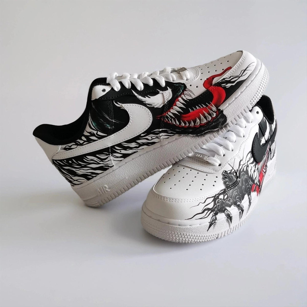 Hand Painted Custom White AF1 with Black Tendrils and White Spider Logo, Symbiote Streetwear Shoes for Fans