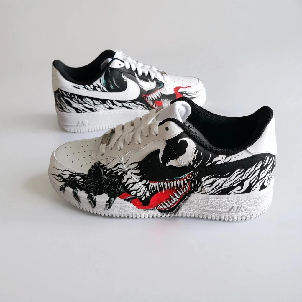 Hand Painted Custom White AF1 with Black Tendrils and White Spider Logo, Symbiote Streetwear Shoes for Fans