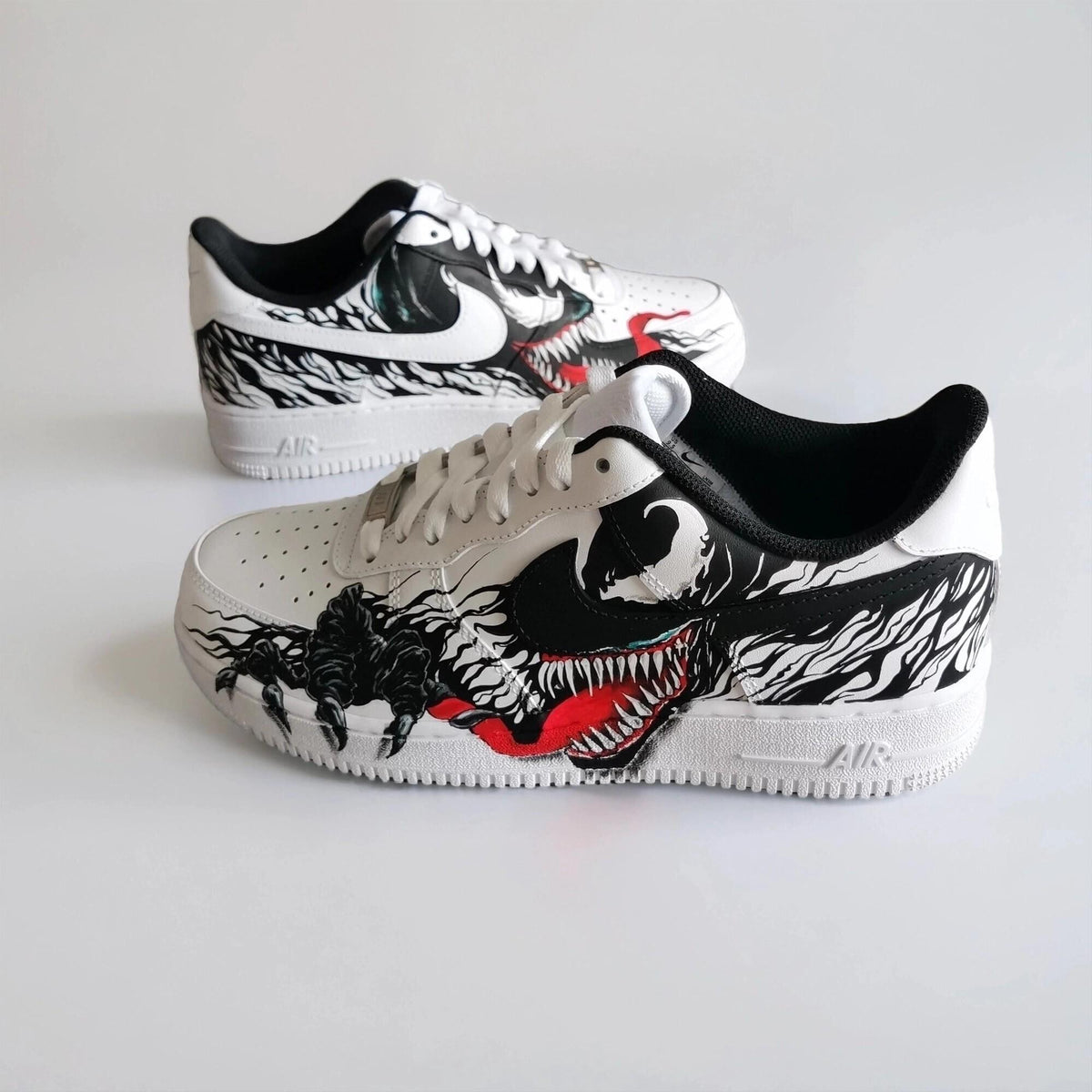Hand Painted Custom White AF1 with Black Tendrils and White Spider Logo, Symbiote Streetwear Shoes for Fans