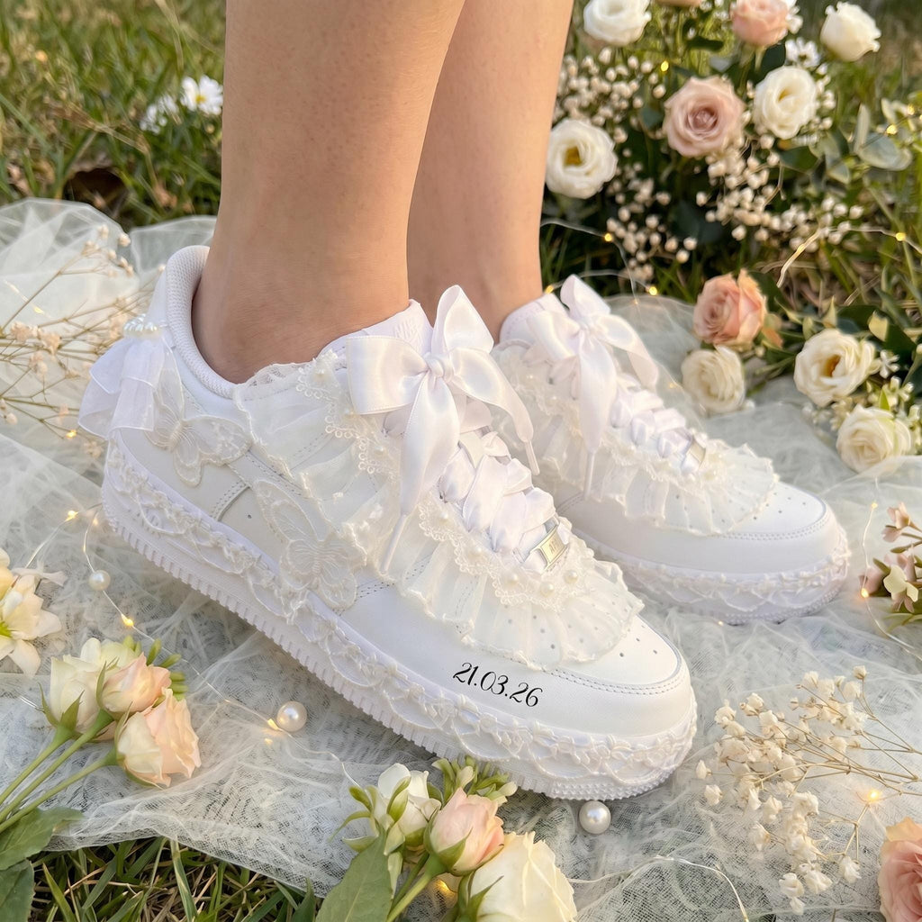 Wedding Sneakers for Bride | Pearl Lace Ruffle & Butterfly Custom Bridal Shoes, Personalized Name