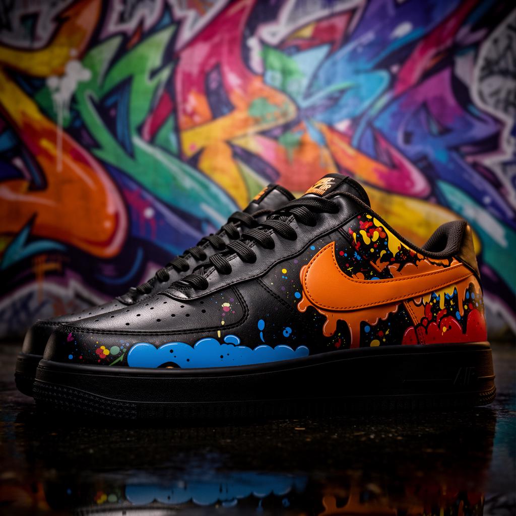 Cyber Drip Painted Sneakers, Hand Painted Air Force 1 Black, Cyberpunk Streetwear AF1