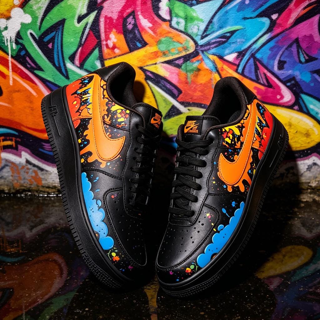Cyber Drip Painted Sneakers, Hand Painted Air Force 1 Black, Cyberpunk Streetwear AF1