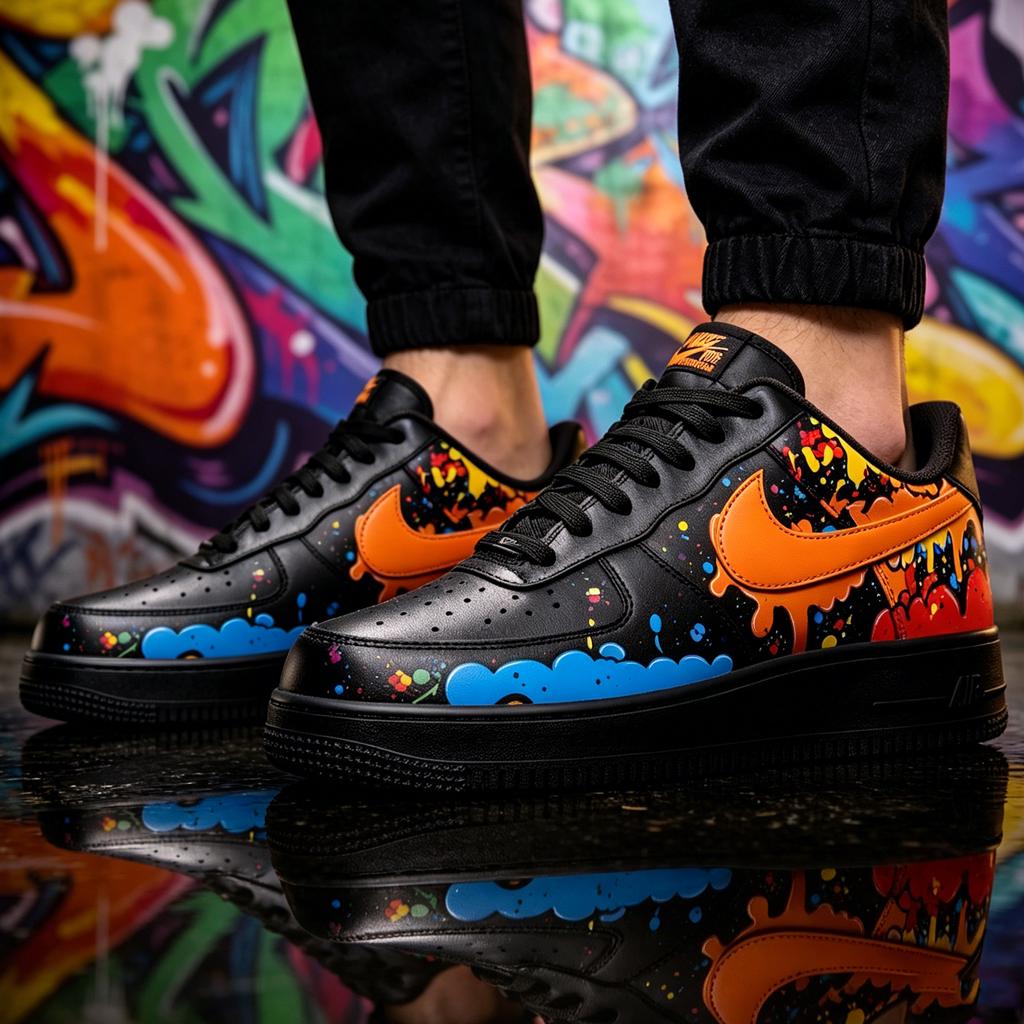 Cyber Drip Painted Sneakers, Hand Painted Air Force 1 Black, Cyberpunk Streetwear AF1