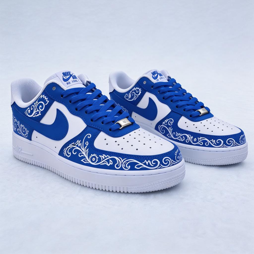 Blue Artistic Custom AF1 ,Handcrafted Blue Floral Fashion Sneakers,Unique Shoes & Holiday Gift