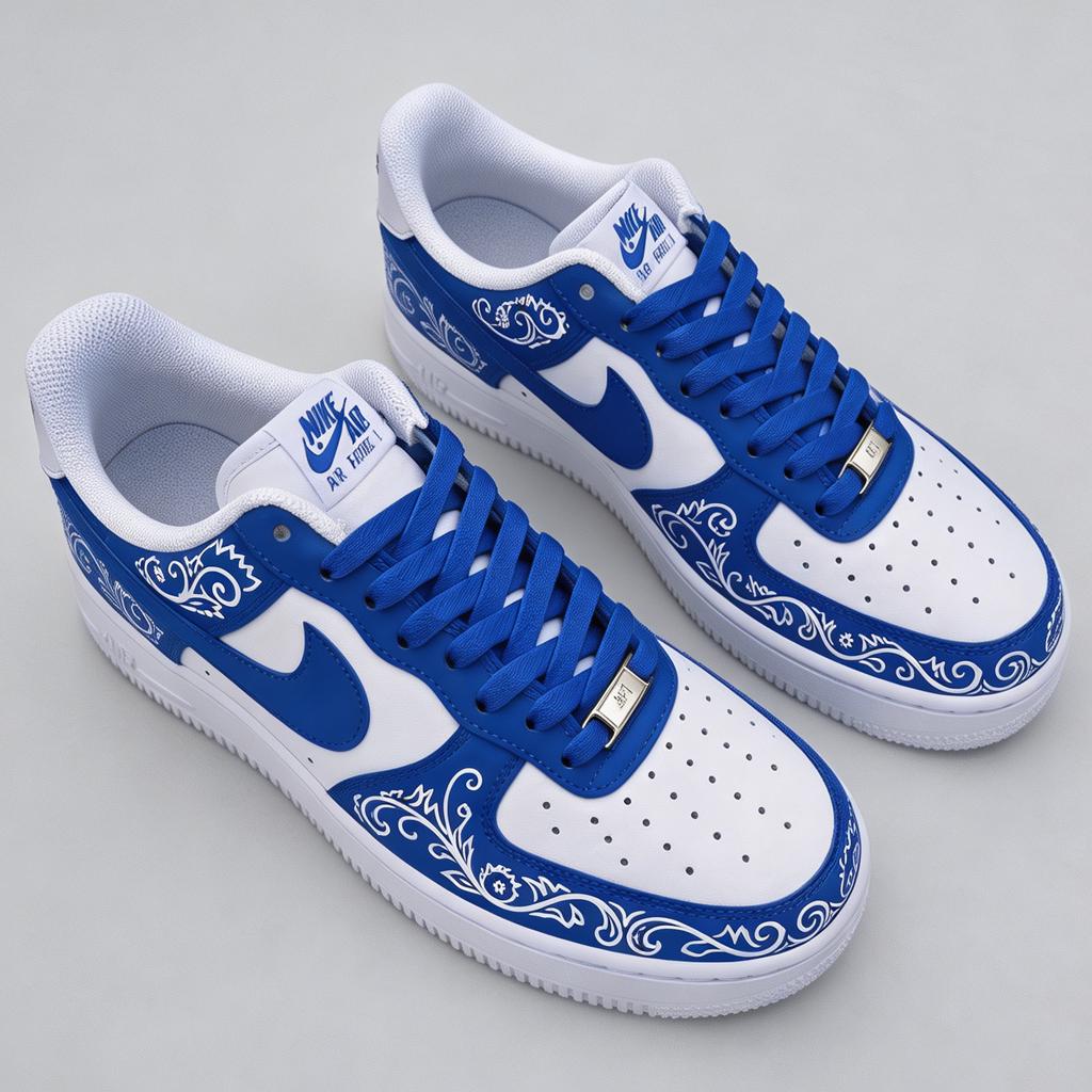 Blue Artistic Custom AF1 ,Handcrafted Blue Floral Fashion Sneakers,Unique Shoes & Holiday Gift