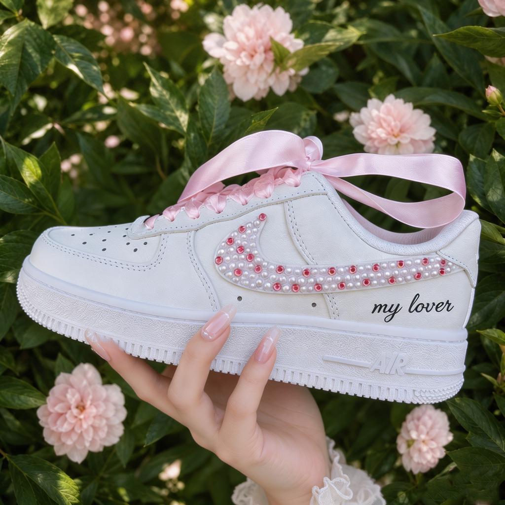 Personalized Rhinestone Pink Shoes, Custom AF1 for Wedding, Unique Bridal Shower Gift