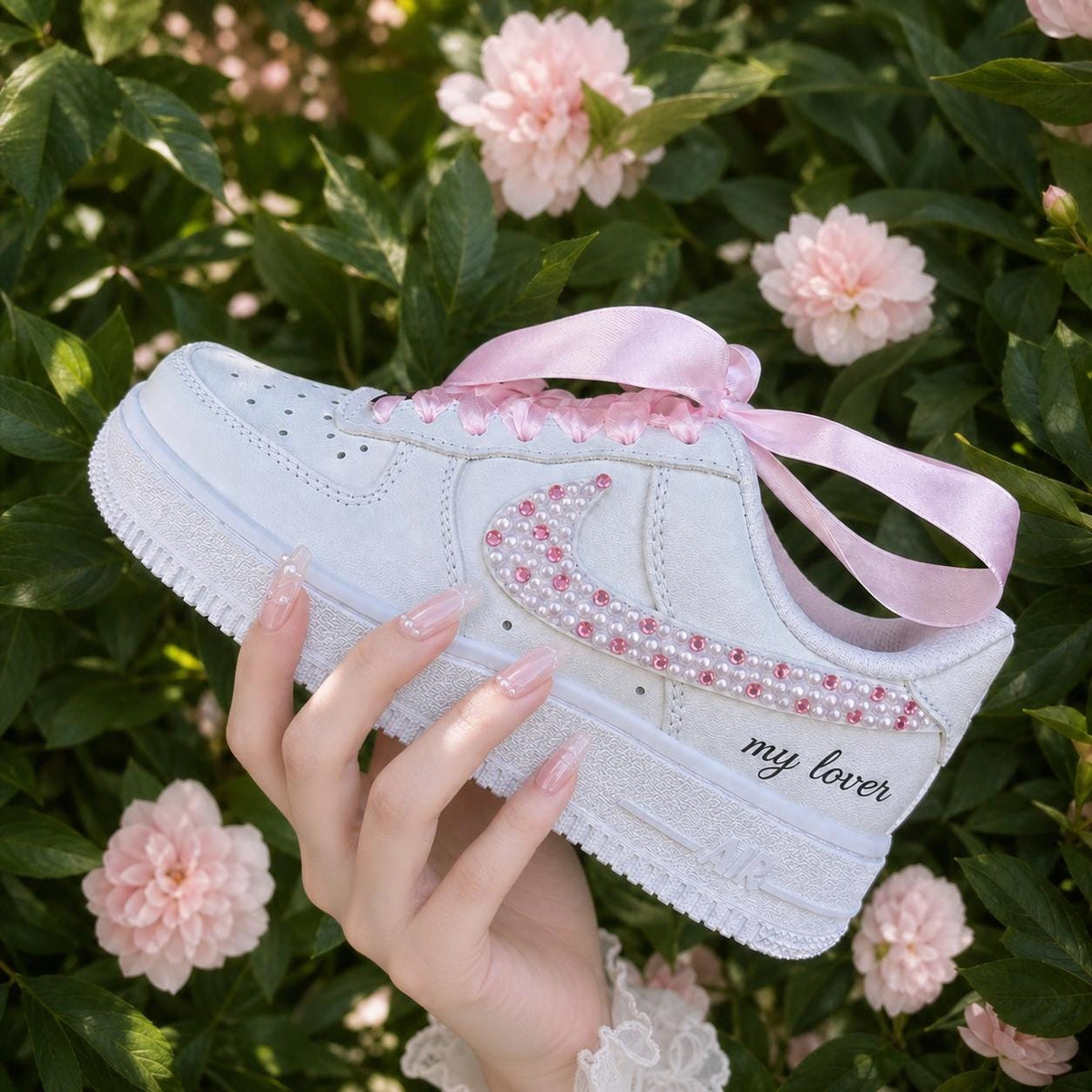 Personalized Rhinestone Pink Shoes, Custom AF1 for Wedding, Unique Bridal Shower Gift
