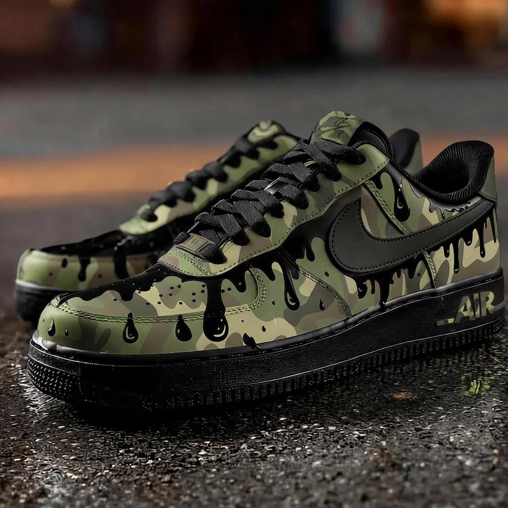 Drip Camo Air Force 1, Hand Painted Green Camouflage , Drip Art Sneakers,Camouflage AF1 Gift for Him