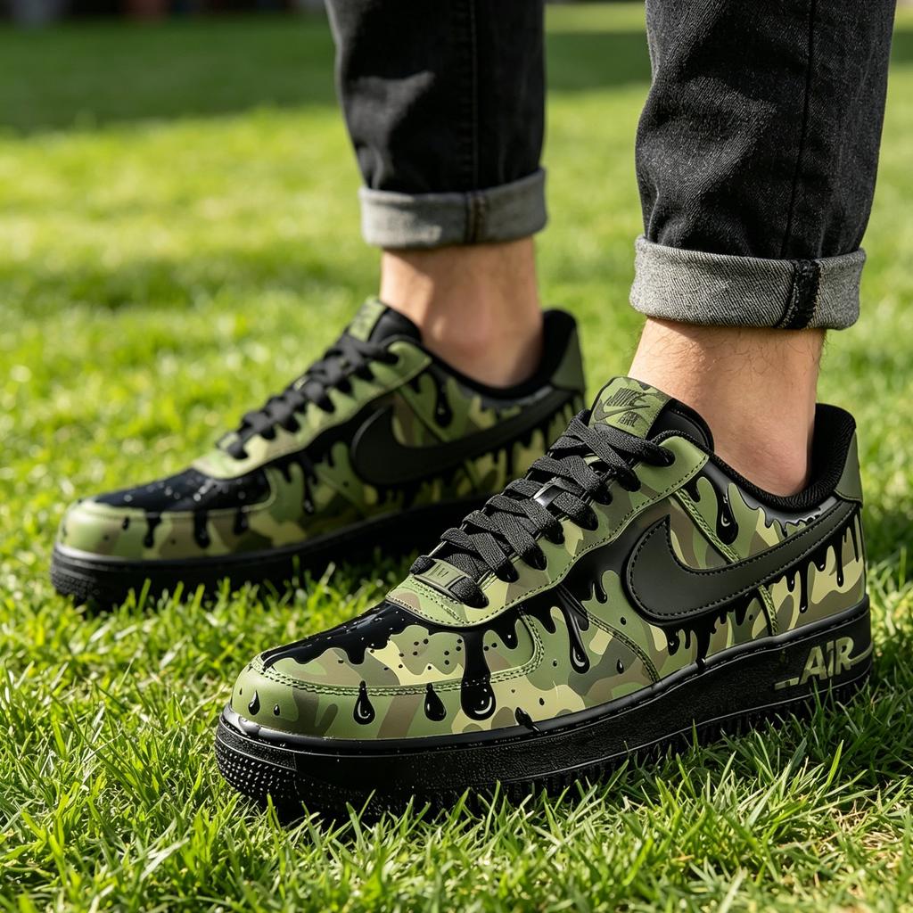 Drip Camo Air Force 1, Hand Painted Green Camouflage , Drip Art Sneakers,Camouflage AF1 Gift for Him
