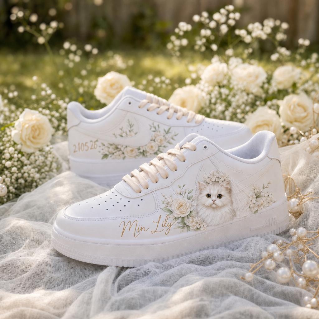 Custom Bridal Wedding Sneakers , Pet of Honor & Floral for Bride Shoes, Personalized Name Wedding Date