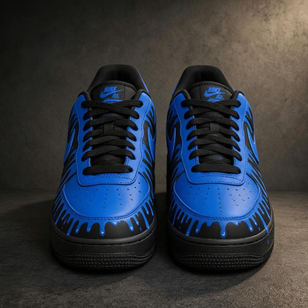 Custom Air Force 1 Blue Drip Sneakers, Hand-Painted AF1 Streetwear Cyberpunk Gift for Him