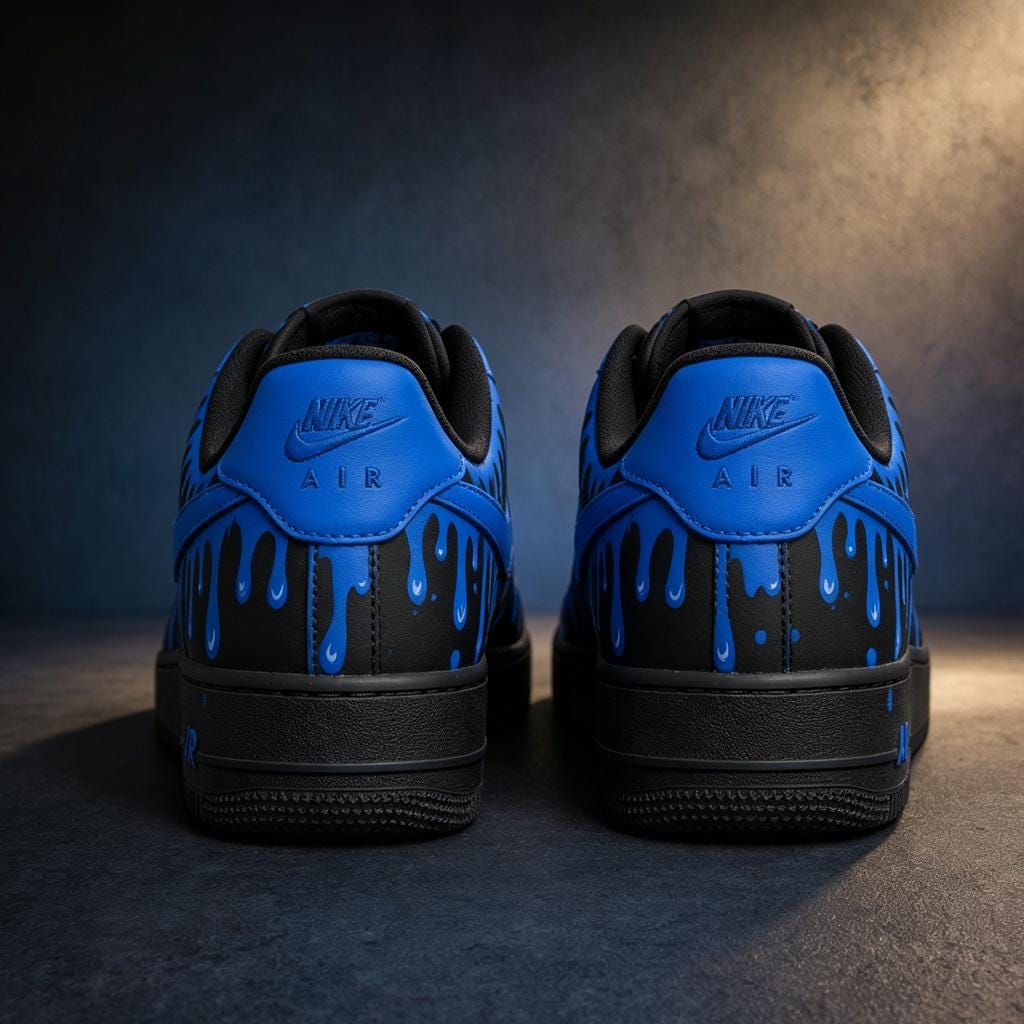 Custom Air Force 1 Blue Drip Sneakers, Hand-Painted AF1 Streetwear Cyberpunk Gift for Him