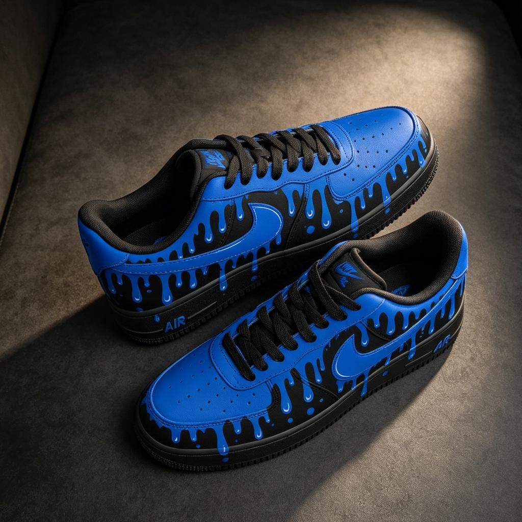 Custom Air Force 1 Blue Drip Sneakers, Hand-Painted AF1 Streetwear Cyberpunk Gift for Him