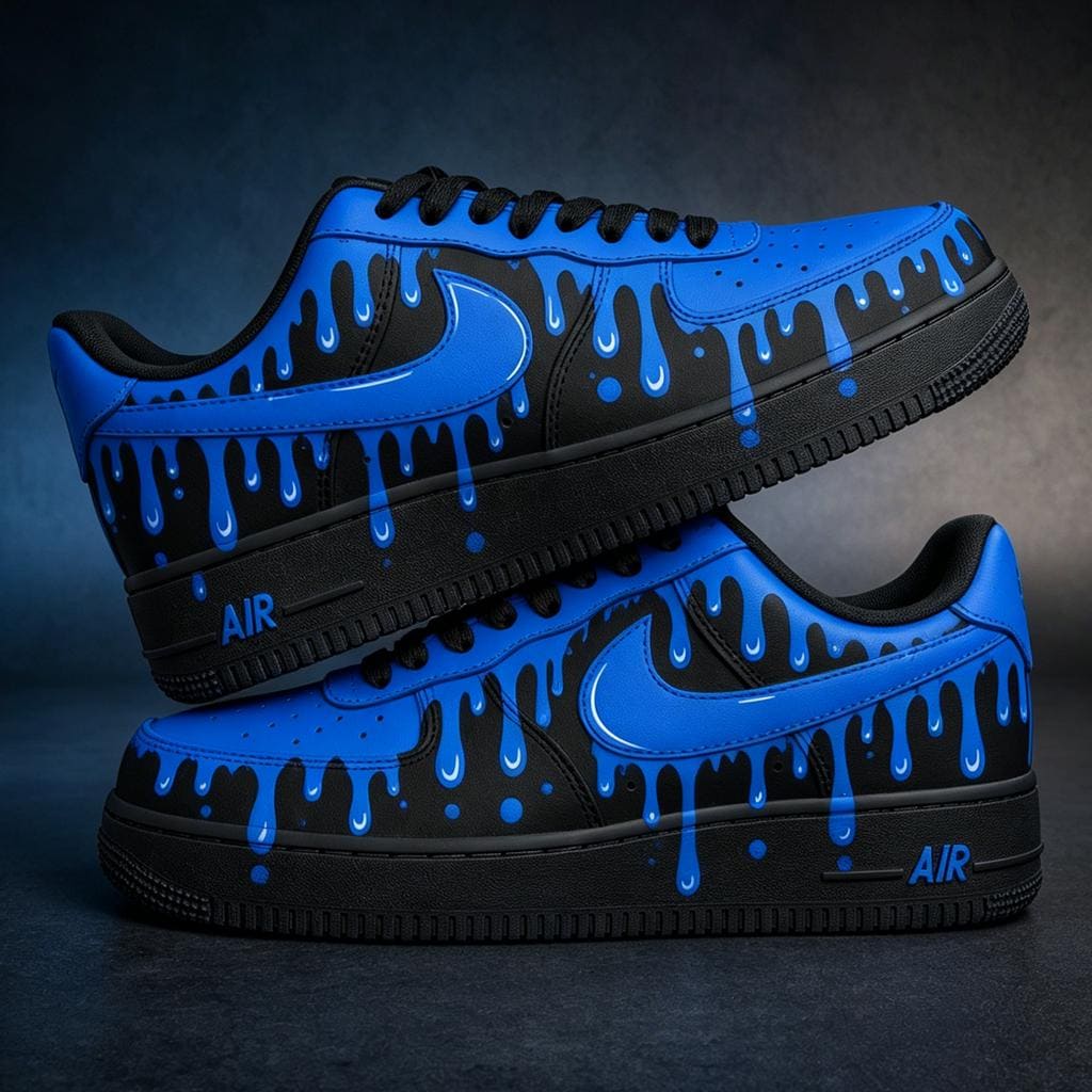 Custom Air Force 1 Blue Drip Sneakers, Hand-Painted AF1 Streetwear Cyberpunk Gift for Him